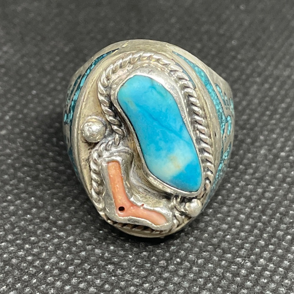 Navajo Style Turquoise and Coral Ring with Eagle accent